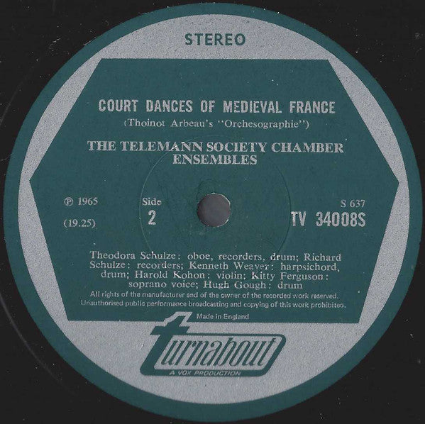 Thoinot Arbeau, Telemann Society Orchestra : Court Dances Of Medieval France: Orchésographie (LP, RP)