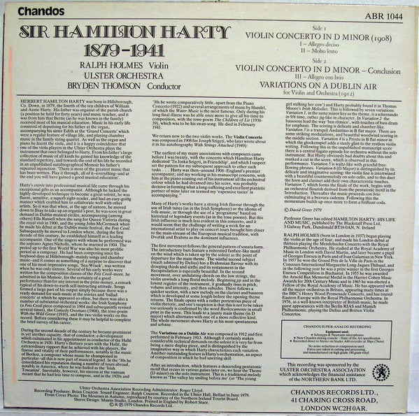 Sir Hamilton Harty - Ralph Holmes, Ulster Orchestra, Bryden Thomson : Violin Concerto / Variations On A Dublin Air (LP, Sup)