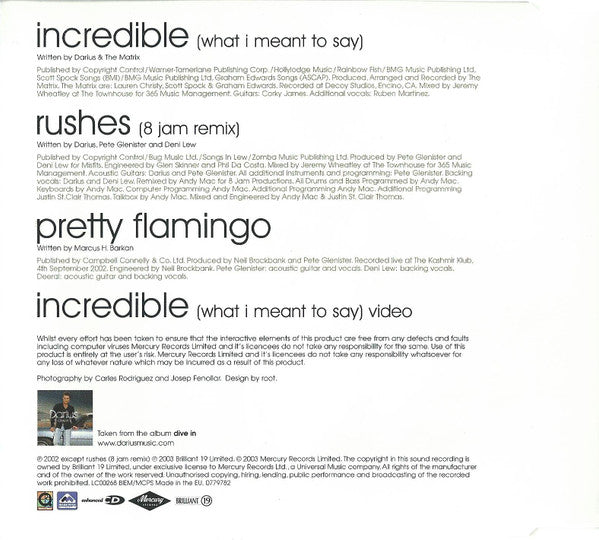 Darius (7) : Incredible (What I Meant To Say) (CD, Single, Enh)