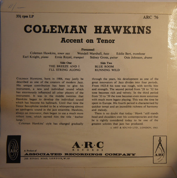 Coleman Hawkins : Accent On Tenor (7", EP)