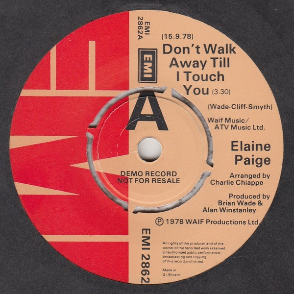 Elaine Paige : Don't Walk Away Till I Touch You (7", Promo)