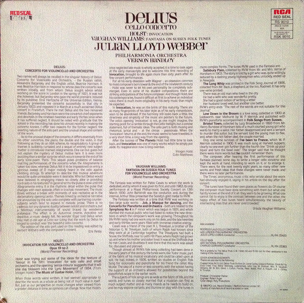Frederick Delius / Gustav Holst / Ralph Vaughan Williams / Julian Lloyd Webber, Vernon Handley, Philharmonia Orchestra : Cello Concerto / Invocation, / Fantasia On Sussex Folk Tunes  (LP)