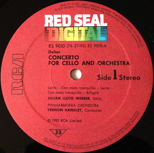 Frederick Delius / Gustav Holst / Ralph Vaughan Williams / Julian Lloyd Webber, Vernon Handley, Philharmonia Orchestra : Cello Concerto / Invocation, / Fantasia On Sussex Folk Tunes  (LP)