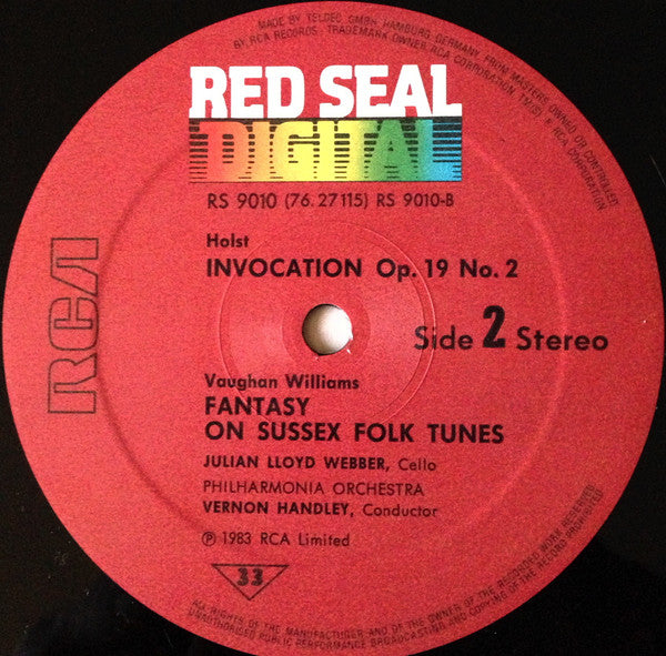Frederick Delius / Gustav Holst / Ralph Vaughan Williams / Julian Lloyd Webber, Vernon Handley, Philharmonia Orchestra : Cello Concerto / Invocation, / Fantasia On Sussex Folk Tunes  (LP)