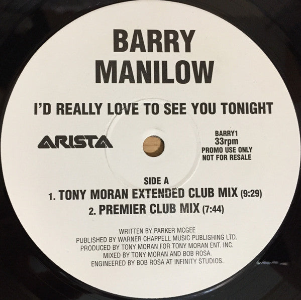 Barry Manilow : I'd Really Love To See You Tonight (12", Promo)