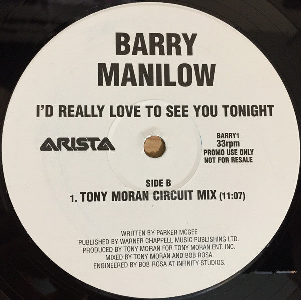 Barry Manilow : I'd Really Love To See You Tonight (12", Promo)
