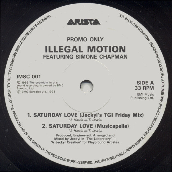 Illegal Motion Featuring Simone Chapman : Saturday Love (12", Promo)