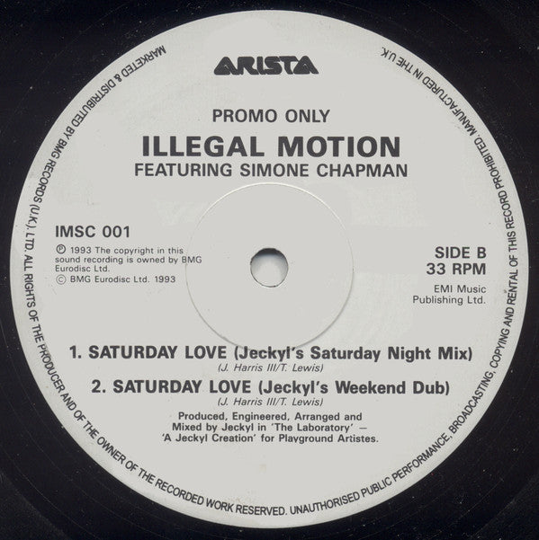 Illegal Motion Featuring Simone Chapman : Saturday Love (12", Promo)