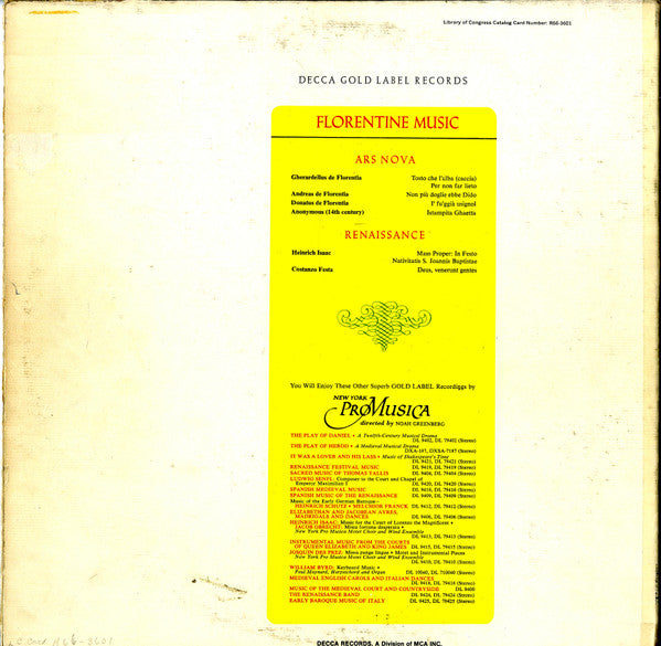 New York Pro Musica Directed By LaNoue Davenport : Florentine Music (LP, Glo)