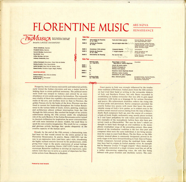 New York Pro Musica Directed By LaNoue Davenport : Florentine Music (LP, Glo)