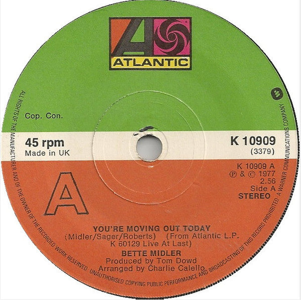 Bette Midler : You're Movin' Out Today (7", Single)
