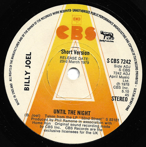 Billy Joel : Until The Night (7", Single, Promo)