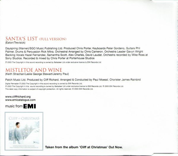 Cliff Richard : Santa's List (CD, Single)