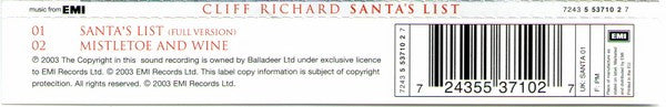 Cliff Richard : Santa's List (CD, Single)