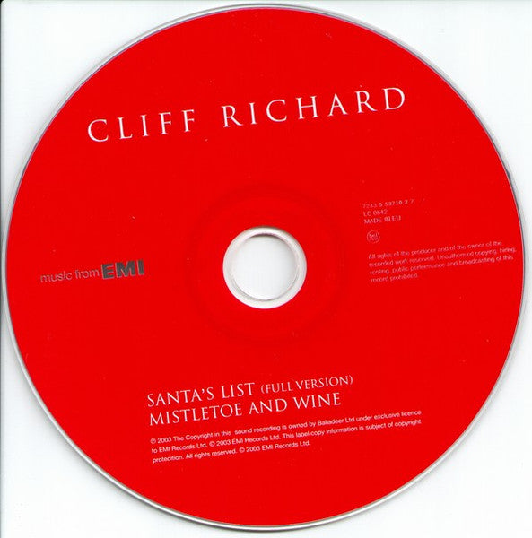 Cliff Richard : Santa's List (CD, Single)