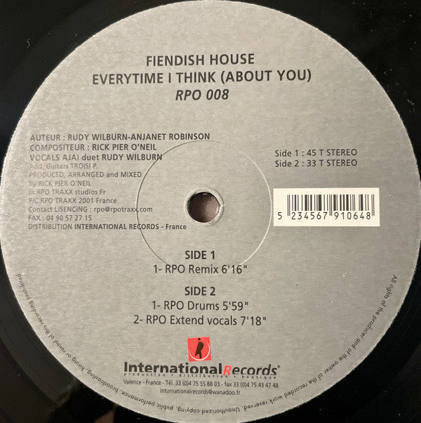 Fiendish House : Everytime I Think (About You) (12")