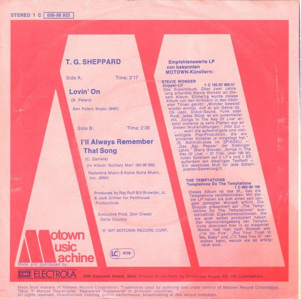 T.G. Sheppard : Lovin' On (7", Single)