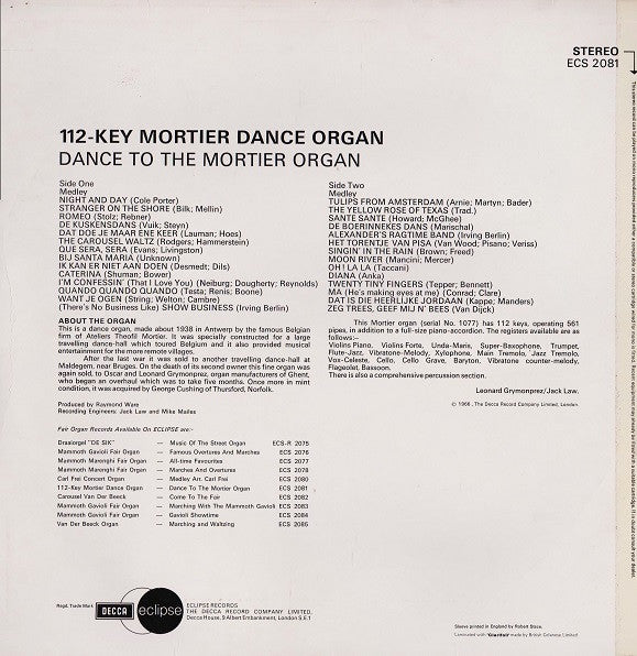 112-Key Mortier Dance Organ : Dance To The Mortier Organ (LP)