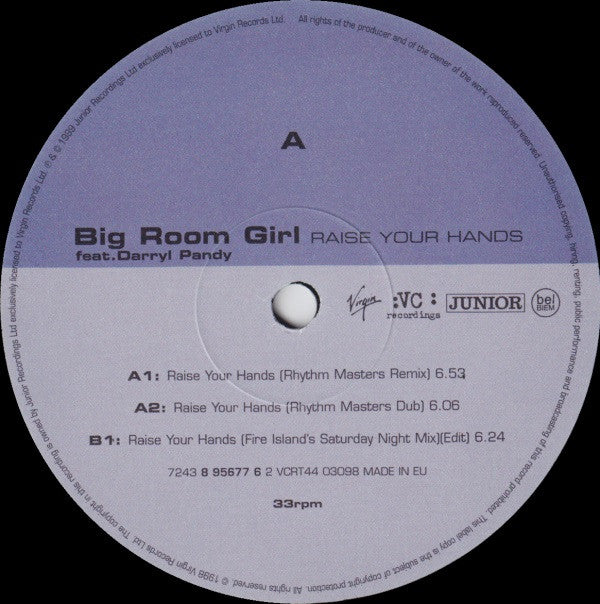 Big Room Girl Feat. Darryl Pandy : Raise Your Hands (12", Single)