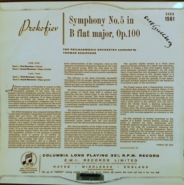 Sergei Prokofiev, Thomas Schippers, Philharmonia Orchestra : Symphony No. 5 (LP, Album, Mono)
