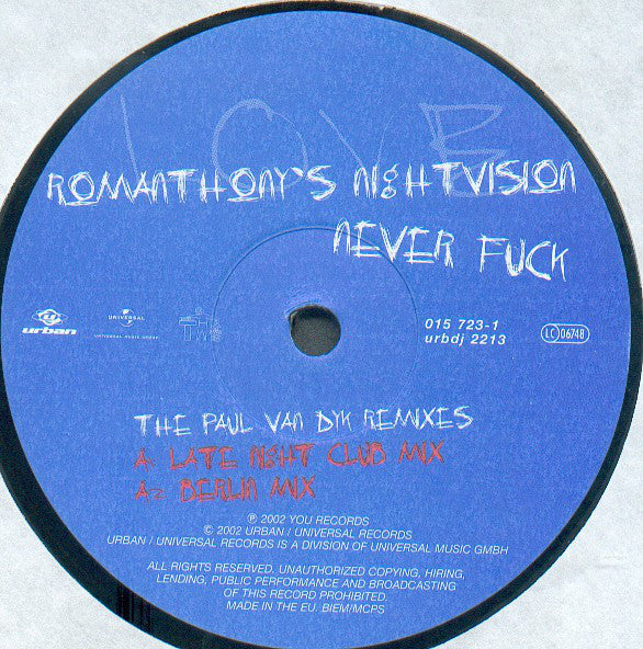 Romanthony's Nightvision : Never Fuck (The Paul Van Dyk Remixes) (12")