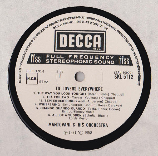 Mantovani And His Orchestra : To Lovers Everywhere  (LP)