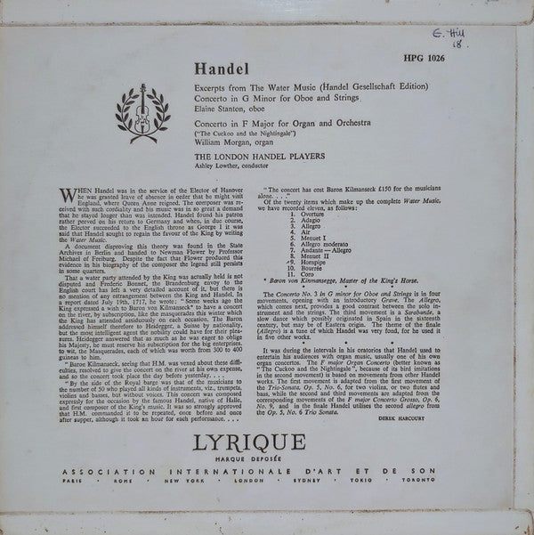 Georg Friedrich Händel, Elaine Stanton, William Morgan (2), Asley Lowther, The London Handel Players : Excerpts From Water Music - Concerto No. 3 For Oboe And Strings, Concerto In F Major Fro Organ And Orchestra ("The Cuckoo And The Nightingale") (LP, Mono)