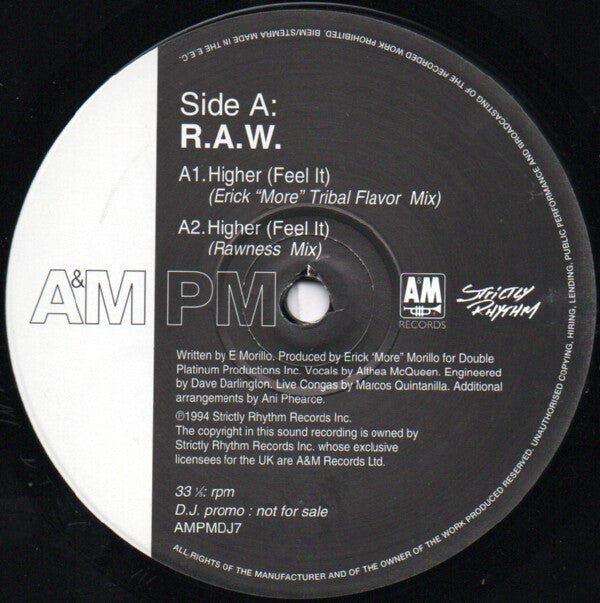 R.A.W. : Higher (Feel It) (12", Promo)