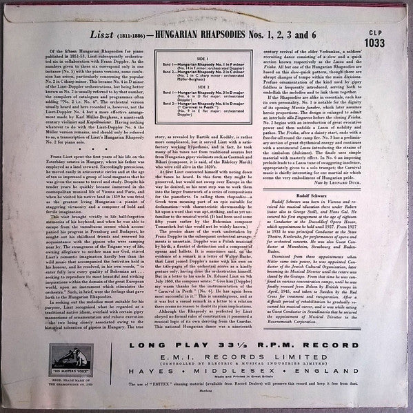 Franz Liszt, Rudolf Schwarz Conducting Philharmonia Orchestra : Hungarian Rhapsodies Nos. 1, 2, 3 And 6 (LP, Album, Mono, RE)