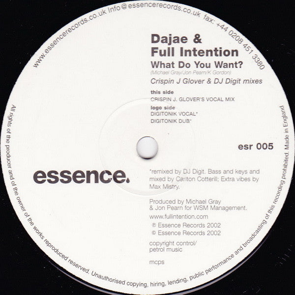 Dajaé & Full Intention : What Do You Want? (Crispin J Glover & DJ Digit Mixes) (12")