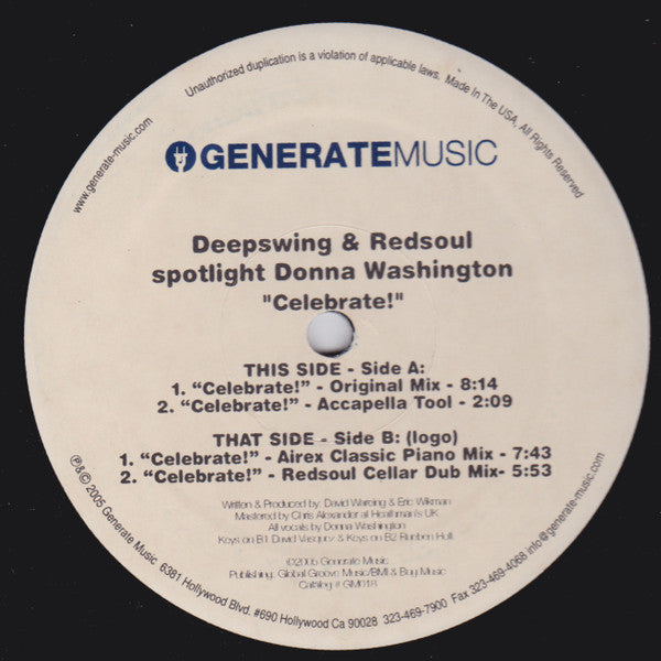 Deep Swing & Redsoul Spotlight Donna Washington : Celebrate! (12")