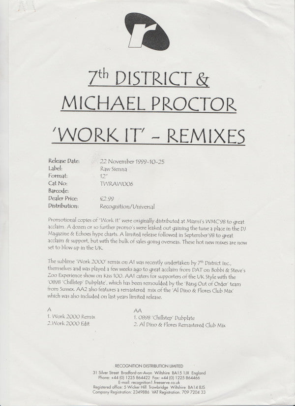 7th District Inc. & Michael Procter : Work It (Remixes) (12", TP, Sti)