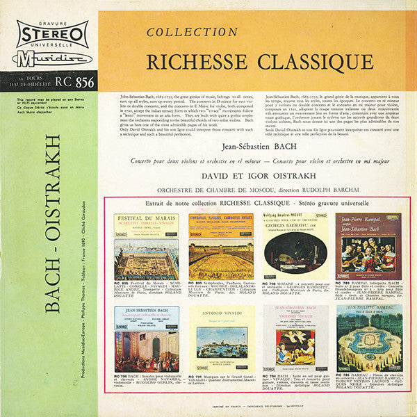 Johann Sebastian Bach : Concerto Pour Deux Violons Et Orchestre En Ré Mineur, Concerto Pour Violon Et Orchestre En Mi Majeur (LP)