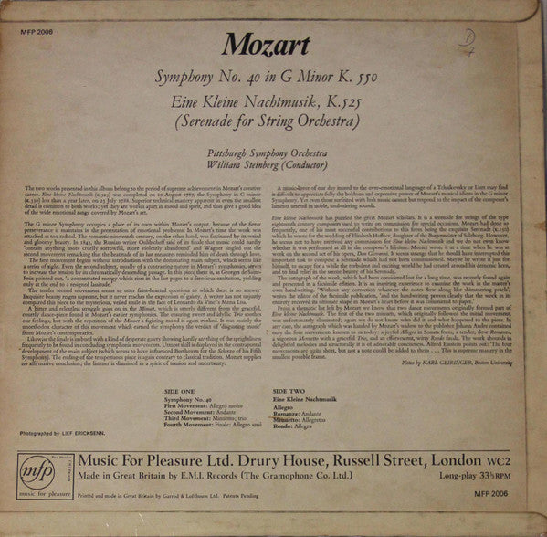 Wolfgang Amadeus Mozart, William Steinberg Conducting Pittsburgh Symphony Orchestra : Symphony No. 40 In G Minor, K.550 / Eine Kleine Nachtmusik, K.525 (Serenade For String Orchestra) (LP, Album)