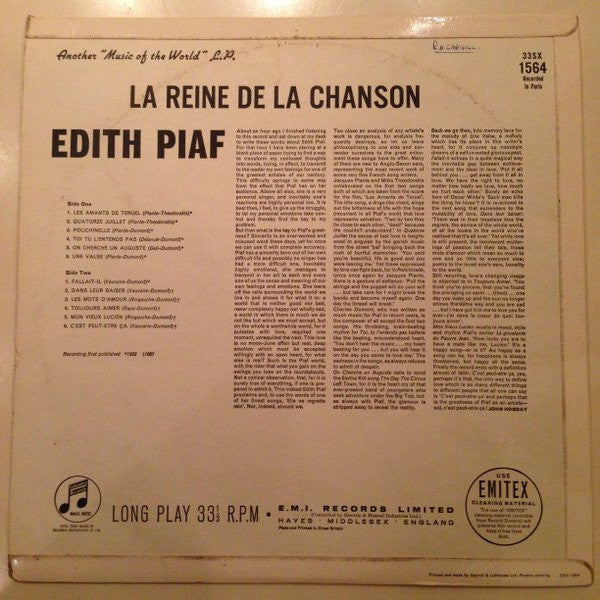 Edith Piaf : La Reine De La Chanson (LP, Comp, Mono)