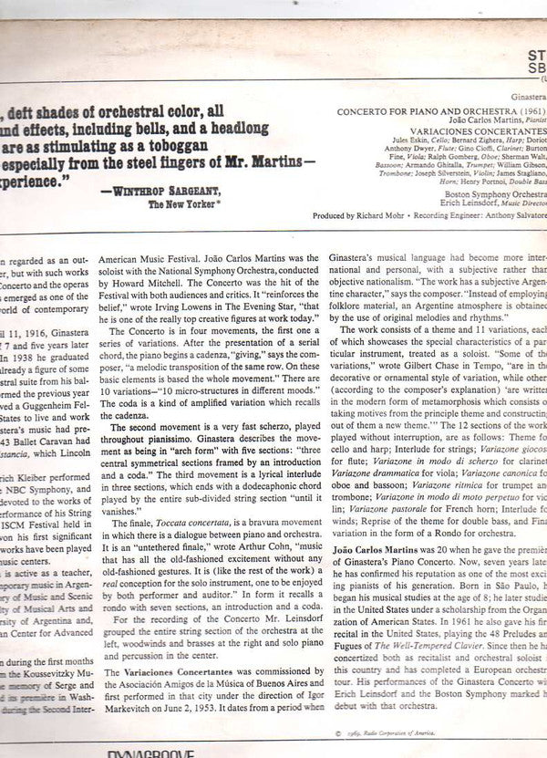 Alberto Ginastera, João Carlos Martins, Boston Symphony Orchestra, Erich Leinsdorf : Concerto For Piano And Orchestra / Variaciones Concertantes (LP)