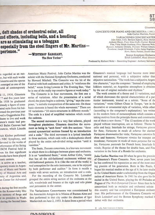 Alberto Ginastera, João Carlos Martins, Boston Symphony Orchestra, Erich Leinsdorf : Concerto For Piano And Orchestra / Variaciones Concertantes (LP)