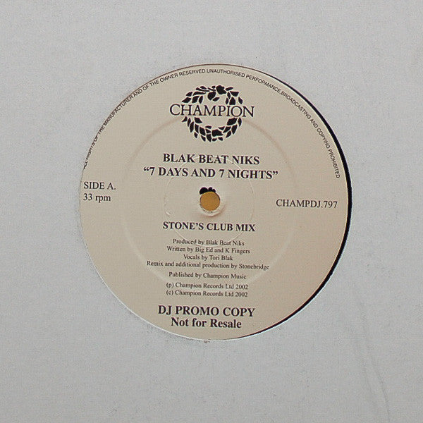 Blak Beat Niks : 7 Days And 7 Nights (12", Promo)