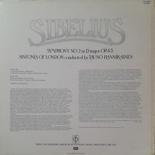 Jean Sibelius - Sinfonia Of London, Tauno Hannikainen : Symphony No.2 In D Major, Op. 43 (LP, Album)