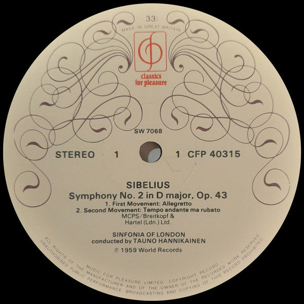 Jean Sibelius - Sinfonia Of London, Tauno Hannikainen : Symphony No.2 In D Major, Op. 43 (LP, Album)