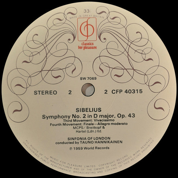 Jean Sibelius - Sinfonia Of London, Tauno Hannikainen : Symphony No.2 In D Major, Op. 43 (LP, Album)