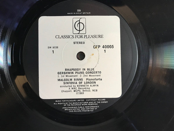 George Gershwin / Malcolm Binns, Sinfonia Of London Conducted By Kenneth Alwyn : George Gershwin:  Rhapsody In Blue; Concerto In F  (LP, Album, RE)