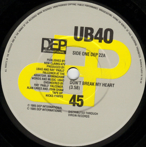 UB40 : Don't Break My Heart (7", Single)