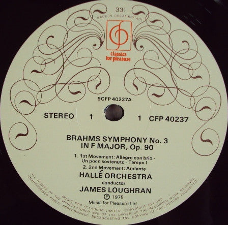 Johannes Brahms, James Loughran, Hallé Orchestra : Symphony No. 3 In F Major, Op. 90, Hungarian Dances (LP)