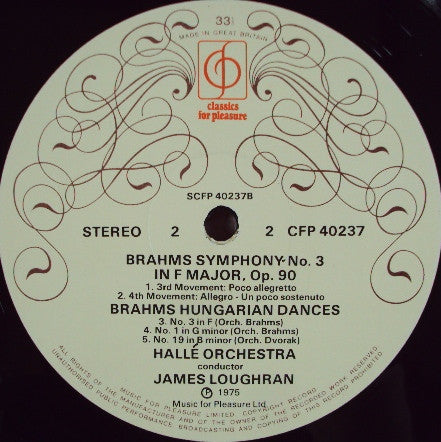 Johannes Brahms, James Loughran, Hallé Orchestra : Symphony No. 3 In F Major, Op. 90, Hungarian Dances (LP)
