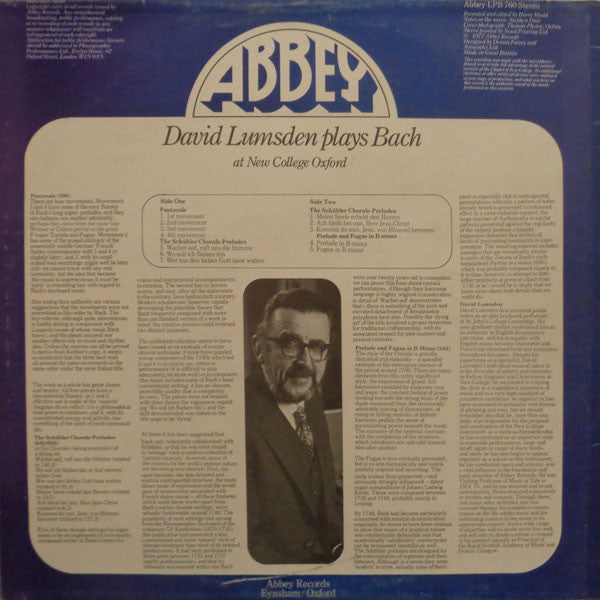 Johann Sebastian Bach / David Lumsden : David Lumsden Plays Bach At New College Oxford (LP, Album)