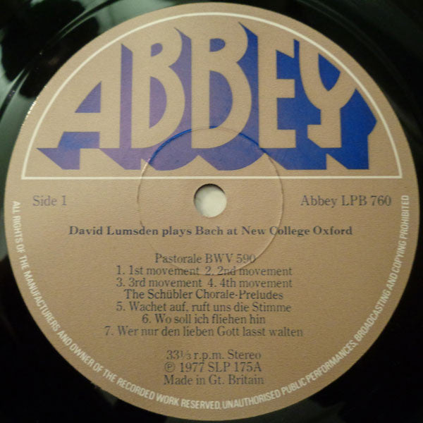 Johann Sebastian Bach / David Lumsden : David Lumsden Plays Bach At New College Oxford (LP, Album)