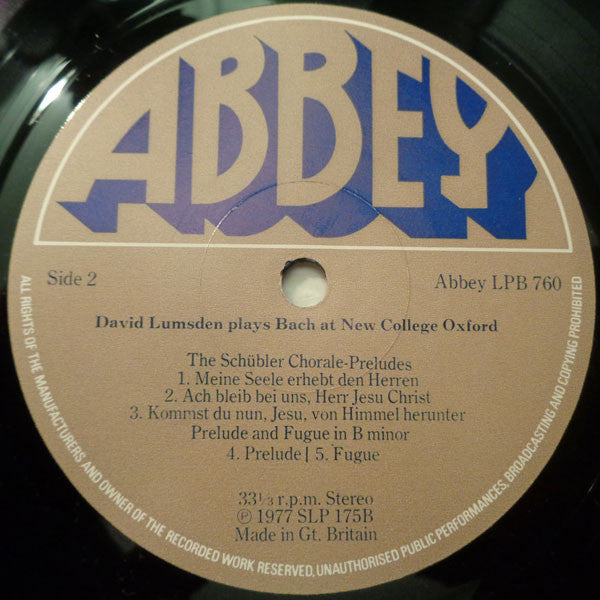 Johann Sebastian Bach / David Lumsden : David Lumsden Plays Bach At New College Oxford (LP, Album)