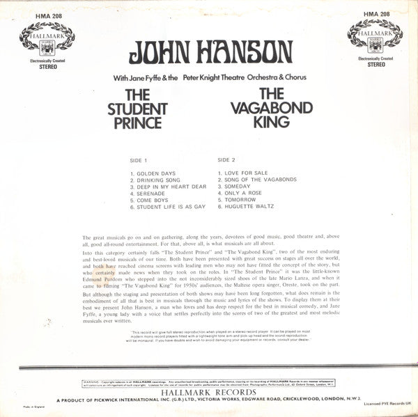 John Hanson (3) : The Student Prince / The Vagabond King (LP)