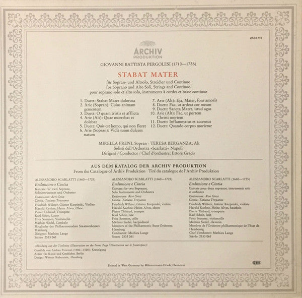 Giovanni Battista Pergolesi - Mirella Freni • Teresa Berganza, Solisti Dell'Orchestra "Scarlatti" Napoli, Ettore Gracis : Stabat Mater (LP)